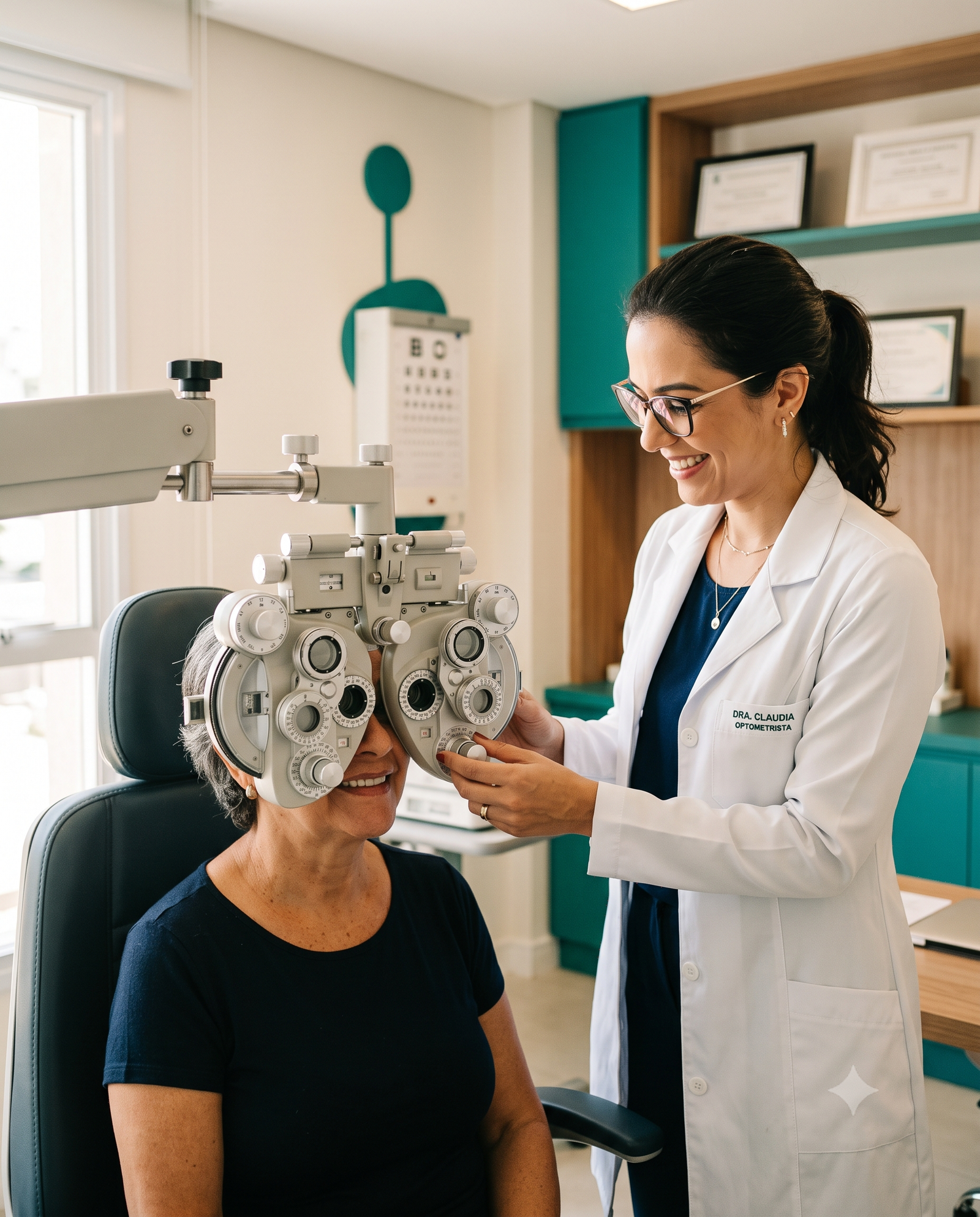 Optometrista realizando exame de vista completo em paciente no consultório em Tauá